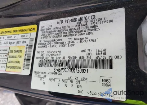 2019 Ford Fusion Sel z USA, uszkodzony, nr VIN 3FA6P0CD3KR150021